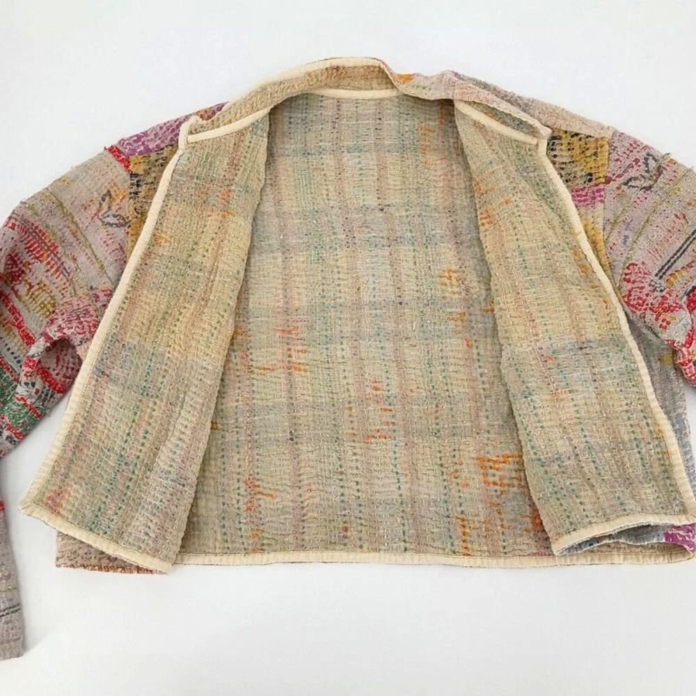 Reversible Kantha Quilted Patchwork Cropped Jacket Handmade Boho Wearable Art - Picture 8 of 14